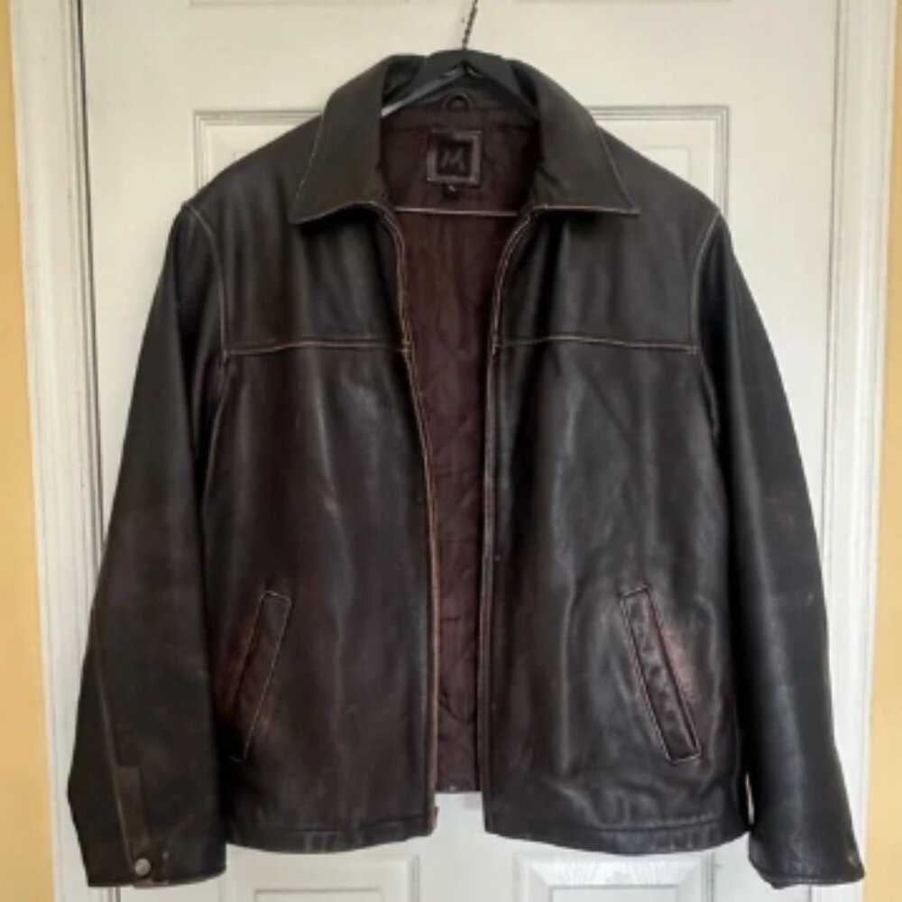 Men’s Member's Mark distressed brown leather bomber jacket coat L